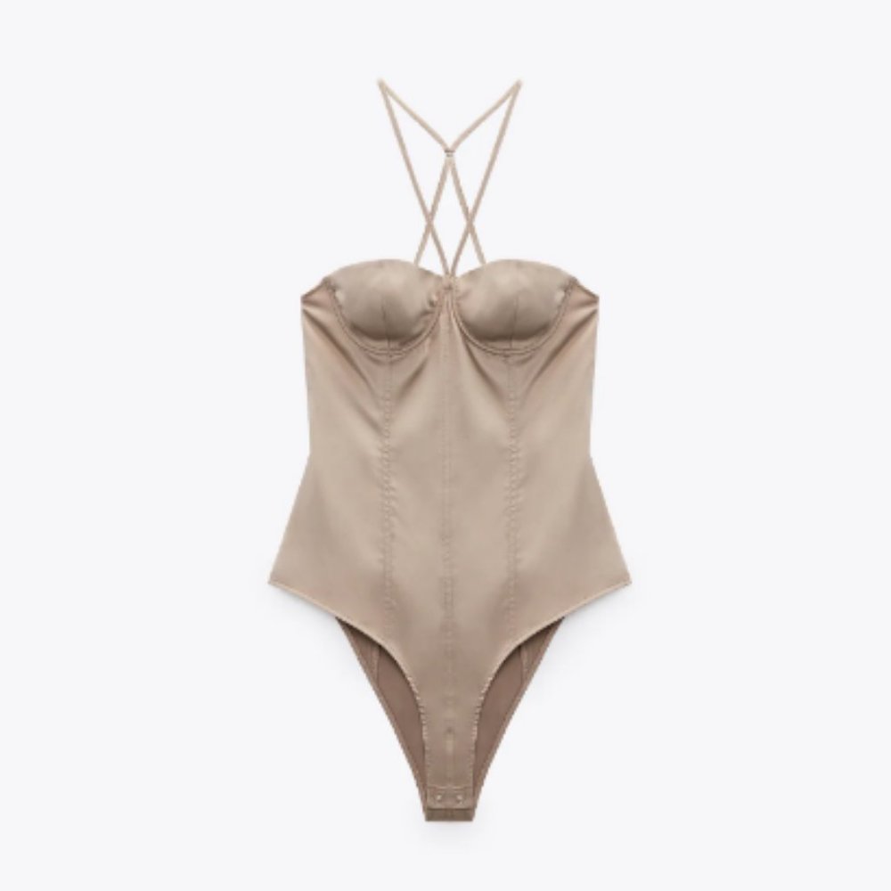 Zara Satin Effect Camisole Pearl Gray Bodysuit Sz S NWT
